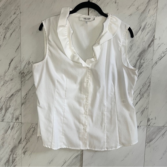 Jones Studio White Sleeveless Ruffle Button Up Cotton Blouse SZ 12 - Picture 1 of 6